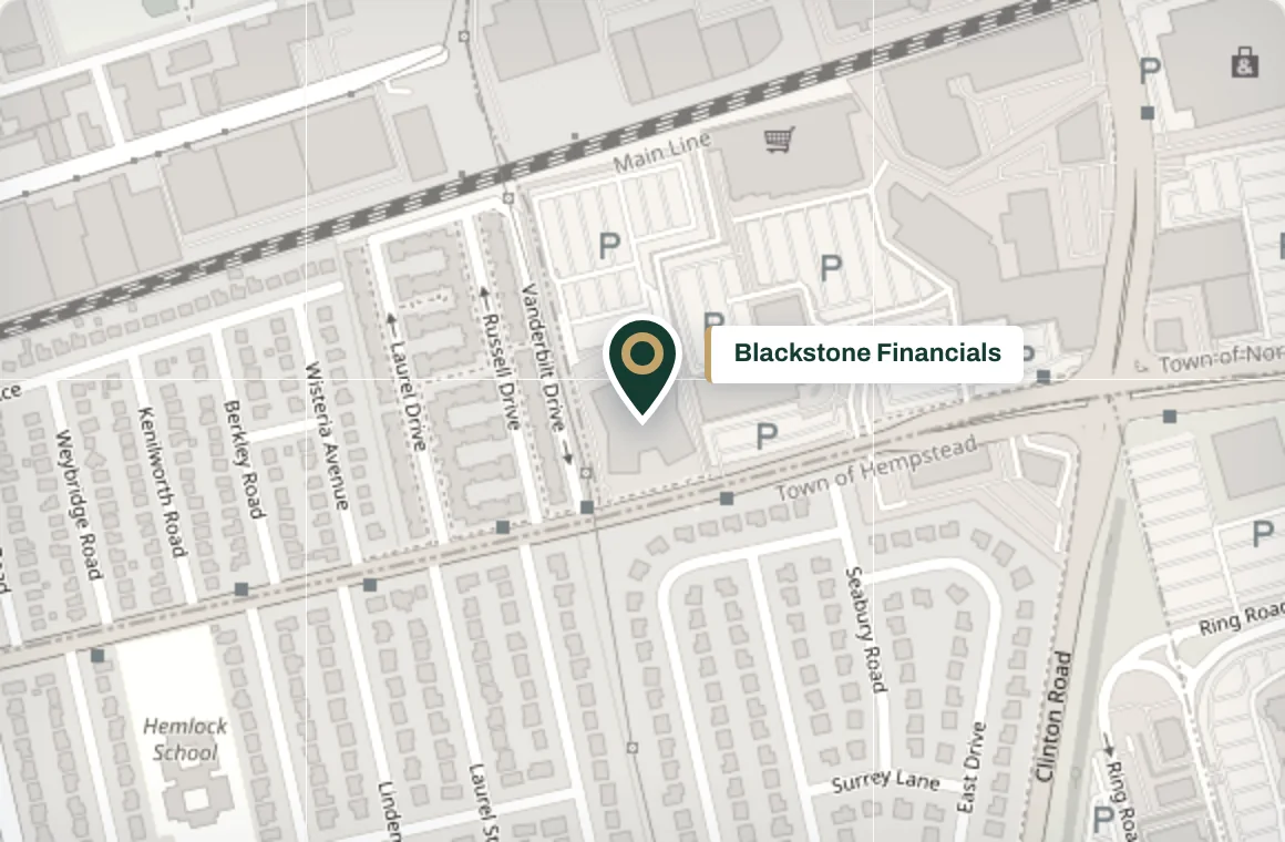Map showing Blackstone Financials at 1 Old Country Road in Carle Place, New York.